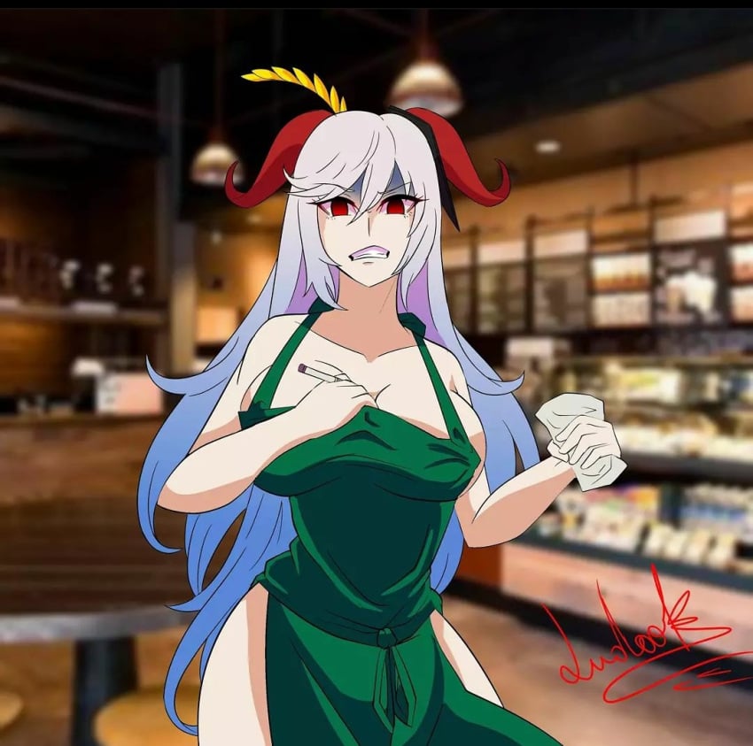 1girls adjusting_clothes angry apron bare_shoulders bare_thighs blue_hair breasts cleavage clenched_teeth collarbone crushing fire_emblem fire_emblem_heroes freyja_(fire_emblem) grey_hair hair_between_eyes holding_cup holding_object holding_pen horns iced_latte_with_breast_milk indoors large_breasts long_hair looking_at_viewer ludook meme multicolored_hair naked_apron_woman nintendo red_eyes red_horns sideboob solo thighs very_long_hair