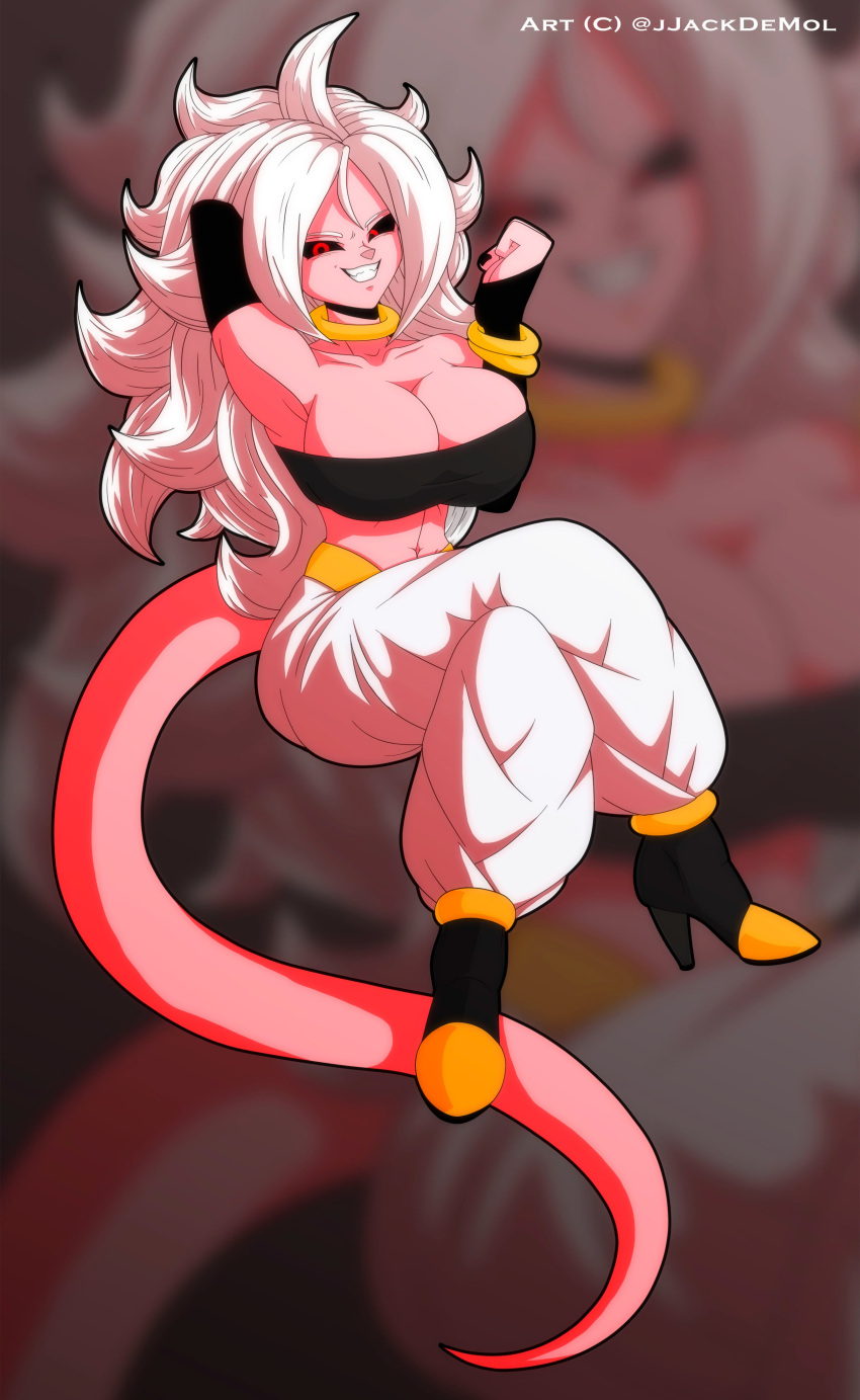 1girls android_21 blindstash breasts clothed clothing dragon_ball dragon_ball_fighterz gold gold_jewelry hand_behind_head high_heels jjackdemoi jjackjjack long_hair looking_at_viewer majin majin_android_21 monster_girl navel painted_nails pants pink_skin pinup solo solo_female tail tube_top white_hair