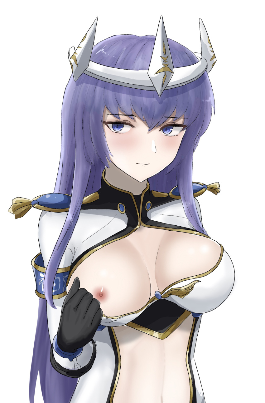 big_breasts black_gloves blue_eyes blush breasts crown exposed_breasts gloves headmistress_jeanne huge_breasts long_hair looking_at_viewer nipples sed_(d4vcmk) silver_hair tagme the_battle_cats