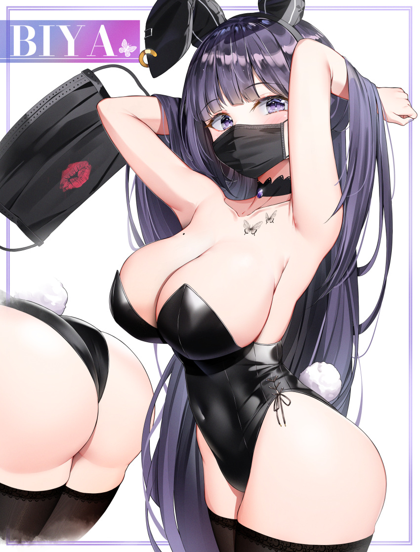 1girls ass big_breasts biya blush breasts bunny_ears bunny_girl bunny_tail bunnysuit choker face_mask fake_animal_ears female fishnets leotard mole mole_on_breast original original_character purple_eyes purple_hair solo solo_female thick_ass thick_thighs thighhighs thighs tight_clothing yuna_(biya)