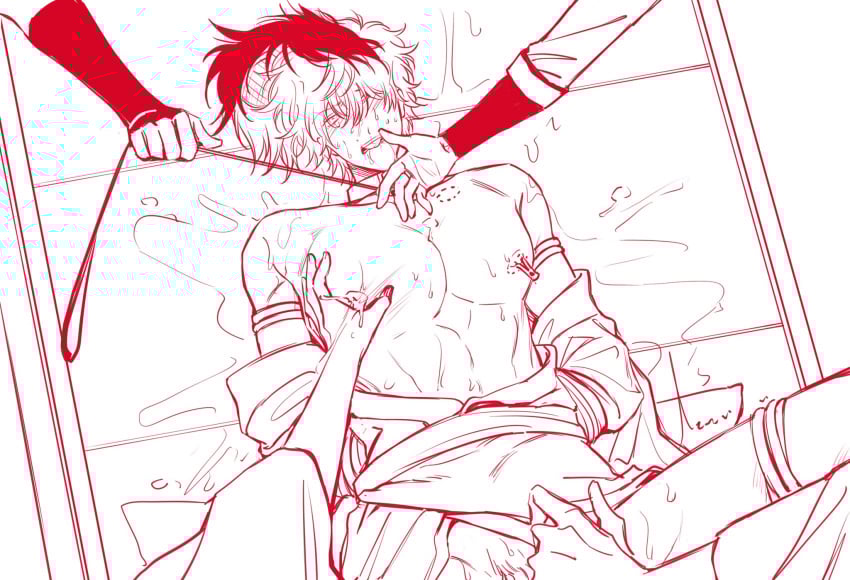 arms_behind_back bite_mark blush bondage feige's_violent_words gay gintama gintoki_sakata implied_anal implied_penetration implied_sex kimono looking_at_viewer male male_only monochrome multiple_boys nipple_clamp no_visible_genitalia on_back pec_grab pec_grasp pecs rape restrained rope rope_bondage sketch solo_focus yaoi