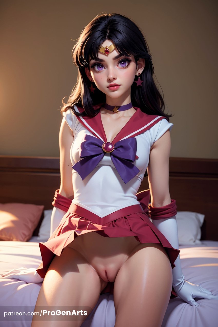 1girls ai_generated artist_name ass_visible_through_thighs bed bishoujo_senshi_sailor_moon black_hair bow bowtie breasts choker circlet clothes_lift collarbone covered_nipples earrings elbow_gloves gloves hi_res indoors jewelry leotard lips lipstick long_hair looking_at_viewer magical_girl makeup medium_breasts miniskirt no_panties nose on_bed parted_lips patreon_username pillow pleated_skirt progenarts purple_bow purple_bowtie purple_eyes pussy realistic red_lips red_sailor_collar red_skirt rei_hino sailor_collar sailor_mars sailor_senshi_uniform shirt sitting skirt skirt_lift solo star star_choker star_earrings tiara uncensored upskirt watermark web_address white_gloves white_leotard white_shirt