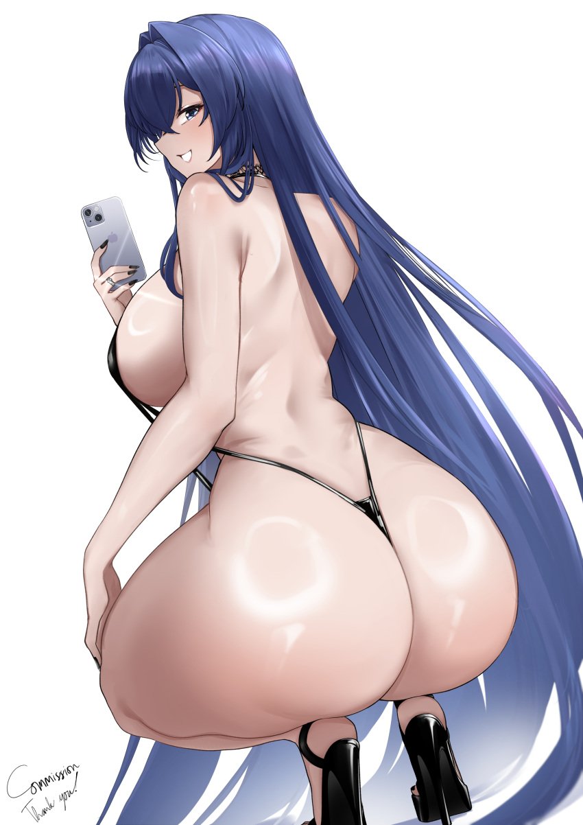 absurdres ass azur_lane black_nails black_slingshot_swimsuit blue_eyes blue_hair breasts cellphone commission english_text facing_away female high_heels highres holding holding_phone huge_ass iphone irkawaza jewelry large_breasts long_hair looking_at_viewer looking_back nail_polish new_jersey_(azur_lane) phone ring sideboob simple_background slingshot_swimsuit smartphone solo squatting swimsuit thick_thighs thighs white_background