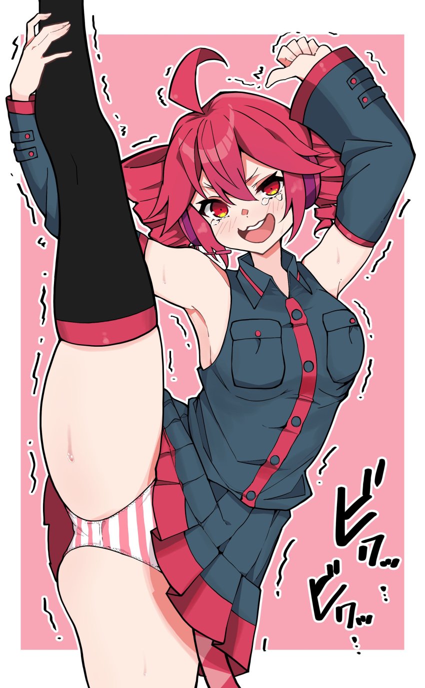 1girls 2d 2d_(artwork) ahoge armpits blush blush_lines breasts clothed clothed_female clothing detached_sleeves female female_only headgear holding_leg in_pain kasane_teto leg_grab leg_up michihirogswr motion_lines one_leg_up open_mouth panties plump plump_thighs red_eyes red_hair skindentation skirt skirt_lift solo solo_female split stretching striped_panties struggling sweat sweatdrop sweating tears thick_thighs thighhighs thighs trembling twin_drills utau wardrobe_malfunction wavy_mouth