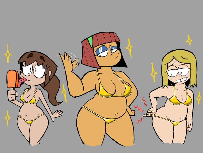 3girls ass breasts chubby female golden_bikini mr._skeliebones popsicle swimsuit tagme