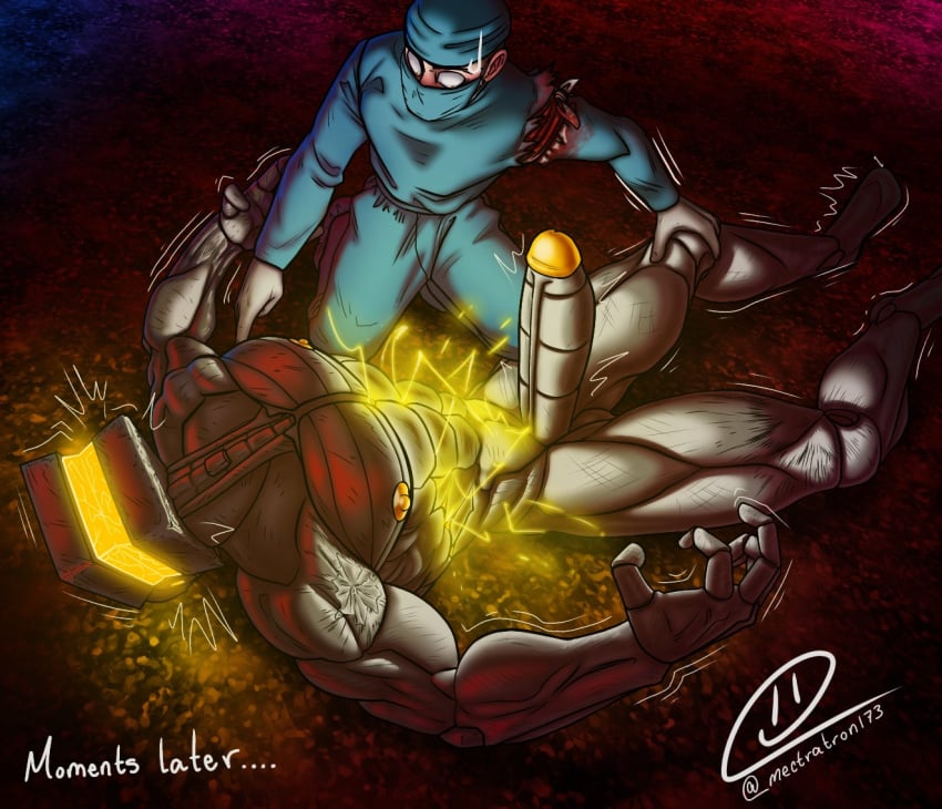 1boys abs anthro balls bandage bandaged_arm bara big_balls big_cock big_dick big_penis blood_on_arm blush blushing cock dick digital_drawing_(artwork) digital_media_(artwork) doctor electric_shock erect_nipples erect_penis erection gay huge_cock huge_dick huge_penis human humanoid hurt male male_only mask masked masked_male mectratron173 muscles muscular muscular_male naked naked_male nipples nude nude_male original_character original_characters penis red_blush robot robotic_penis shock shocked sweat sweatdrop sweating text yaoi yellow_light