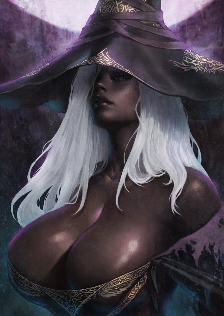 1girls absurdres bare_shoulders black_lips black_skin body_freckles breasts cleavage colored_skin commentary dark-skinned_female dark_skin dress elden_ring elden_ring_nightreign english_commentary eyelashes female freckles hair_over_one_eye hat highres huge_breasts large_hat long_hair monori_rogue monorirogue moon off-shoulder_dress off_shoulder paid_reward_available parted_lips realistic recluse_(nightreign) solo strapless upper_body very_dark_skin white_hair witch_hat