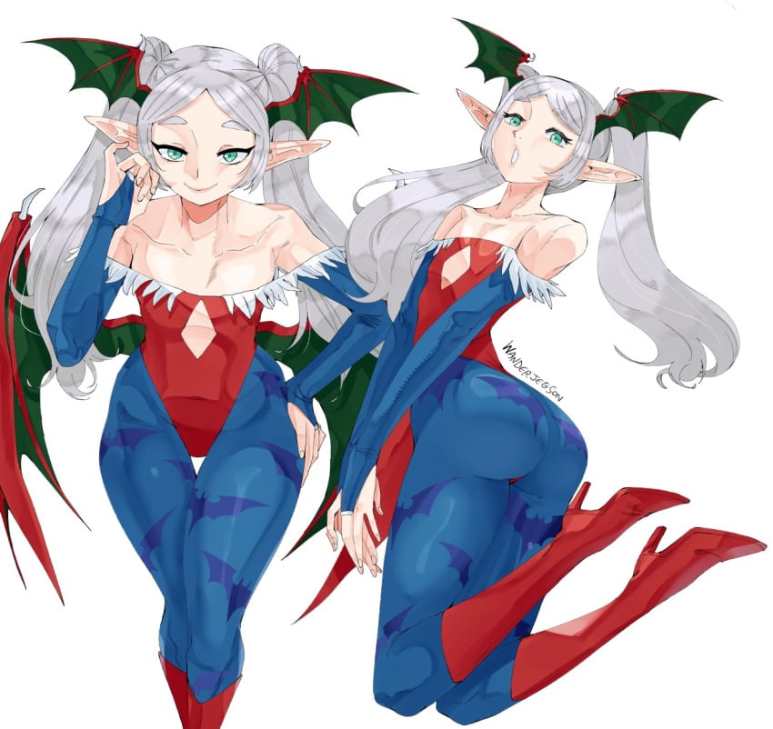 1girls ass bare_shoulders blush boots bridal_gauntlets cosplay darkstalkers female frieren green_eyes grey_hair head_wings high_heel_boots high_heels highres lilith_(darkstalkers) lilith_(darkstalkers)_(cosplay) long_hair looking_at_viewer pantyhose pointy_ears smile solo twintails very_long_hair wanderjegson wings