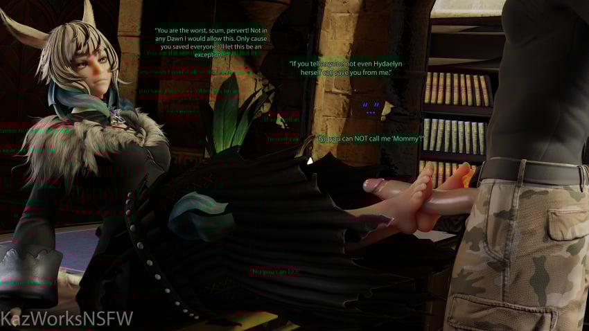 1boy 1boy1girl 1girls 3d 3d_(artwork) 3d_background 3d_model 3d_render 8k clothed feet feet_focus feet_on_penis feet_together feet_up female final_fantasy final_fantasy_xiv foot_fetish foot_focus foot_worship footjob hi_res highres kazworksnsfw male miqo'te square_enix y'shtola