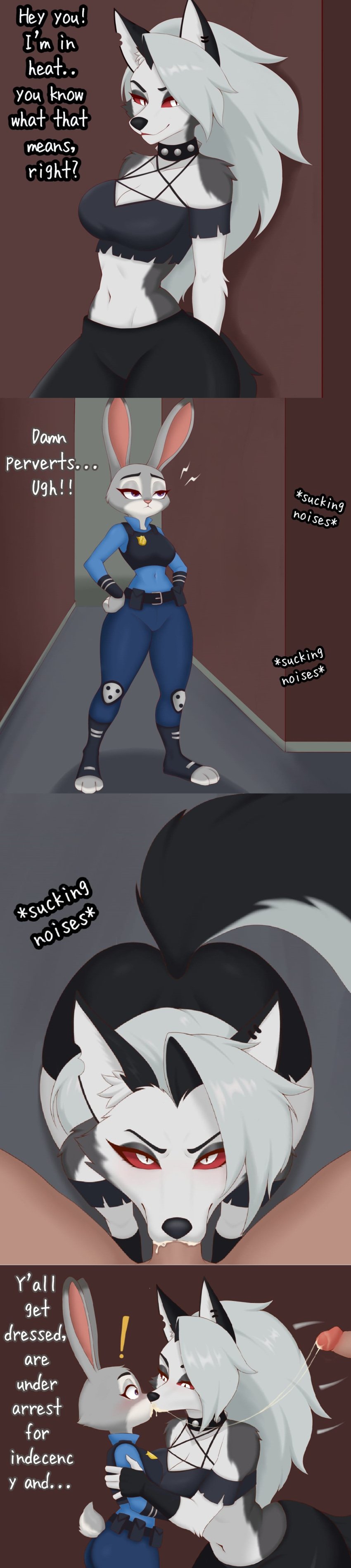 1boy 2girls alley anthro arrest belt big_breasts blowjob blowjob_face breasts bunny_ears bunny_girl comic comic_page crop_top cum cum_in_mouth deepthroat disney disney_channel ears ears_up english_text female fingerless_gloves fur furry furry_female grey_body grey_fur grey_hair hellhound helluva_boss interspecies judy_hopps kissing lesbian_kiss long_hair looking_at_viewer loona_(helluva_boss) male male/female on_knees penis police police_uniform pov pov_eye_contact prostitution rabbit_girl red_sclera scarabeo scarabeo_k share_cum shirt shocked shorts size_difference small_breasts snout spiked_collar tail thick_ass thick_thighs two_tone_body two_tone_fur two_tone_tail vivziepop white_body white_eyes white_fur wolf wolf_girl yuri zootopia