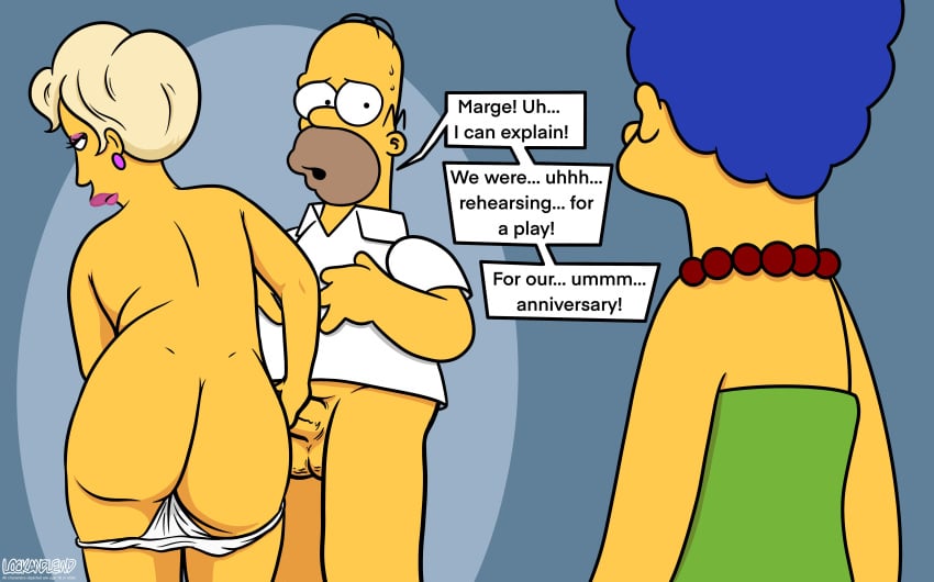 1boy 20th_century_fox 20th_century_studios 2girls artist_name artist_signature ass bald bald_male balls blue_hair bottomless bottomless_male cheating cheating_husband clothing dialogue dilf dress ear_piercing erection female genitals green_dress homer_simpson human human_only lindsey_naegle lipstick lockandlewd looking_at_another looking_back male male/female mammal marge_simpson mature mature_female mature_male milf no_pants nude nude_female nude_female_clothed_female nude_female_clothed_male open_mouth panties pearl_necklace penis scared shirt sweat sweating text text_bubble the_simpsons white_panties white_shirt yellow_skin