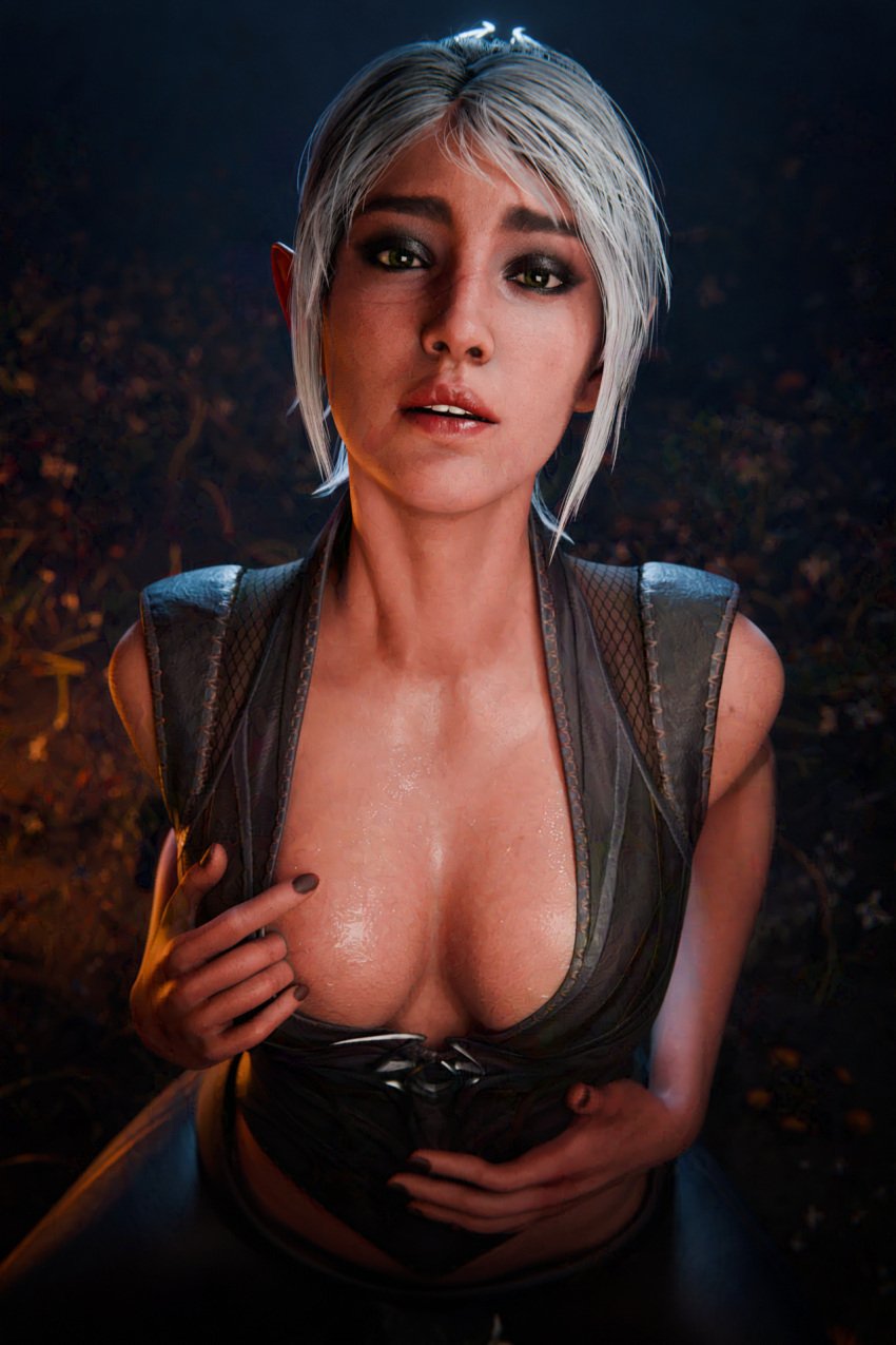 1girls 3d aleksor asking_for_it baldur&#039;s_gate baldur&#039;s_gate_3 braid braided_ponytail elf elf_ears elf_female eyeliner forgotten_realms horny horny_female makeup ponytail shadowheart showing_breasts undressing white_hair