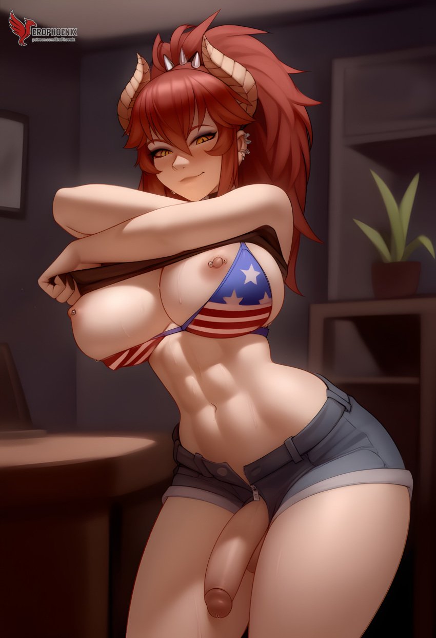 1futa 1girls 2d ai_generated american_flag_bikini ass big_ass bikini breasts erection erection_under_clothes erophoenix female female_focus full_body futanari horns large_breasts large_penis long-hair looking_at_viewer patreon_username red_hair solo solo_female swimsuit thick thick_thighs uncensored undressing virtual_youtuber vshojo zentreya