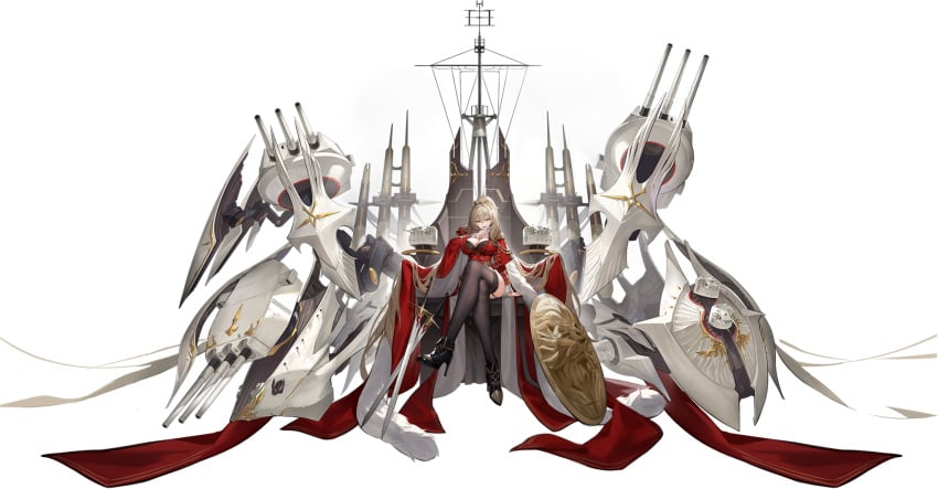 aiguillette azur_lane bare_shoulders black_background black_footwear black_gloves black_thighhighs blonde_hair blue_eyes breasts candlestand cannon cape cg cleavage cross crossed_legs crown dress earrings elbow_rest epaulettes female flag full_body fur-trimmed_cape fur_trim gloves gold_trim hair_between_eyes hair_ornament half_gloves high_heels holding japanese_clothes jewelry kimono large_breasts lion_(azur_lane) long_hair long_sleeves looking_at_viewer off_shoulder official_art red_cape red_dress red_eyes rigging sidelocks simple_background sitting solo tassel thighhighs throne transparent_background turret very_long_hair weapon wide_shot wide_sleeves