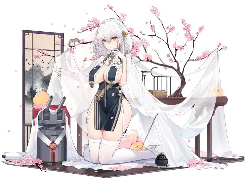azur_lane bird blush braid branch breast_curtains breasts cg cherry_blossoms china_dress chinese_clothes cleavage dress female flower full_body garter_straps gloves grey_dress hair_between_eyes hair_flower hair_ornament half_gloves high_heels kneeling lantern large_breasts looking_at_viewer manjuu_(azur_lane) official_alternate_costume official_art pelvic_curtain petals red_eyes revealing_clothes see-through short_hair side_braid sideboob sirius_(azur_lane) sirius_(azure_horizons)_(azur_lane) solo thighhighs thighs transparent_background turret white_footwear white_gloves white_hair white_legwear white_thighhighs