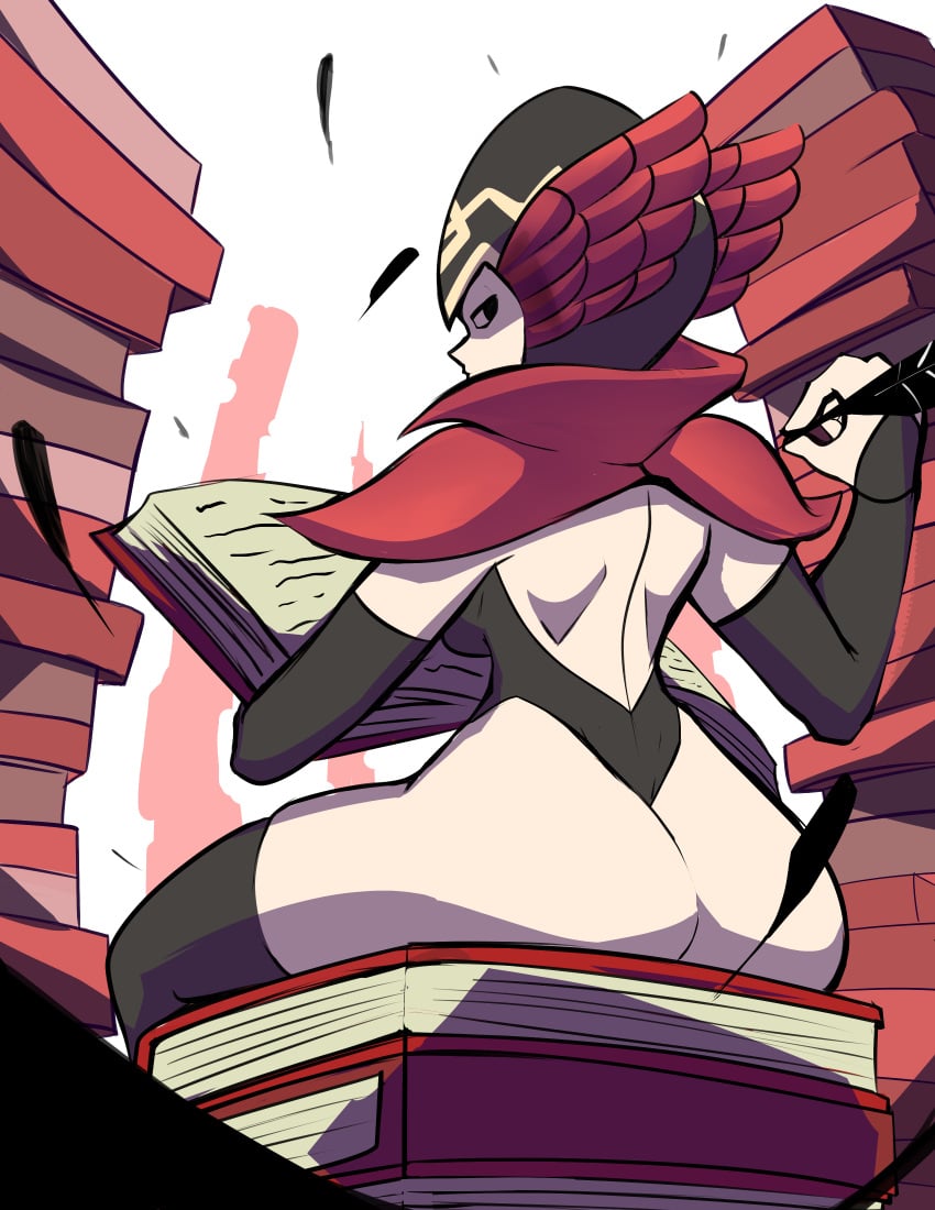 ass back back_view backless_outfit bare_back book book_stack emblian_soldier_(fire_emblem) feathers female fire_emblem fire_emblem_heroes fremponyx helmet large_ass looking_at_viewer looking_back nintendo npc red_mage_(fire_emblem) sitting solo thighhighs writing