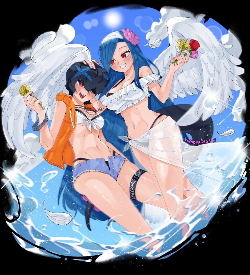 2girls absurdres artist_name bikini black_hair blue_hair breasts dizzy_(guilty_gear) feathered_wings flower guilty_gear guilty_gear_strive hair_flower hair_ornament hair_over_one_eye hand_on_another's_head highres holding holding_flower hood hoodie large_breasts long_hair medium_breasts mother_and_daughter multicolored_hair multiple_girls open_clothes open_fly open_hoodie queen_dizzy red_eyes sarong short_shorts shorts sleeveless sleeveless_hoodie streaked_hair swimsuit tail teeth thighs unika_(guilty_gear) upper_teeth_only very_long_hair wanderjegson water wings