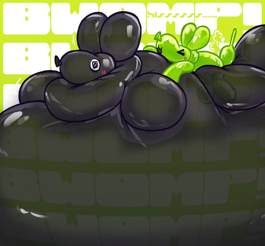 air_inflation ambiguous/ambiguous ambiguous_gender animate_inanimate anthro balloon_animal barcode black_body blush digital_media_(artwork) duo glistening glistening_body green_background green_body hi_res inflatable inflation living_inflatable onomatopoeia orgasm quadruped rushrabbit sex simple_background size_difference sound_effects spiral spiral_eyes text toony