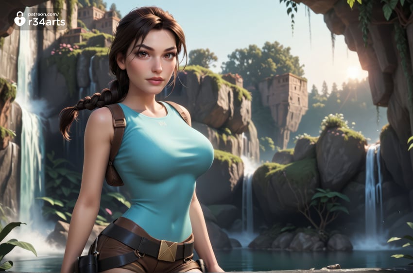 1girls ai_generated artist_name belt braid breasts brown_eyes brown_hair brown_shorts covered_navel day hi_res holster lara_croft lara_croft_(classic) large_breasts lips long_hair looking_at_viewer nose outdoors plant r34arts shirt short_shorts shorts single_braid sleeveless solo sunlight tank_top taut_clothes tomb_raider tomb_raider_(classic) water waterfall