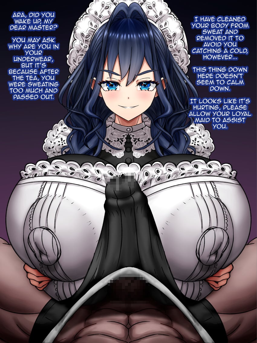 1boy 1girls big_breasts big_nipples blue_hair censored dark-skinned_male dark_skin dialogue english_text erection erection_under_clothes hi_res high_resolution highres hololive hololive_english hololive_english_-council- hololive_english_-promise- huge_breasts imminent_paizuri large_breasts large_nipples light-skinned_female light_skin long_hair maid maid_headdress maid_outfit maid_uniform male_pov nipple_bulge ouro_kronii ouro_kronii_(maid) pov ryusuke_kh_(ryusuke_kyte_hagane) text virtual_youtuber vtuber