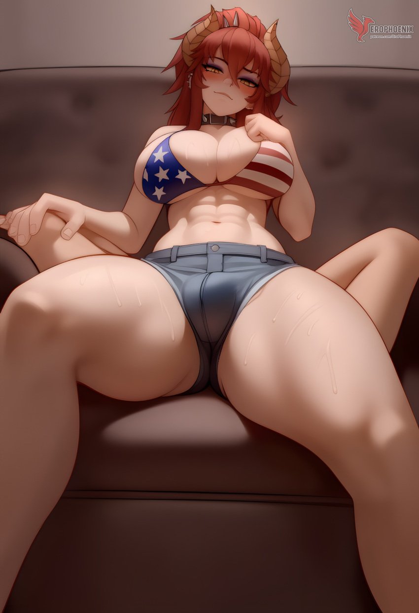 1futa 1girls 2d ai_generated american_flag_bikini ass big_ass bikini breasts erection erection_under_clothes erophoenix female female_focus full_body futanari horns large_breasts long-hair looking_at_viewer patreon_username red_hair solo solo_female swimsuit thick thick_thighs uncensored virtual_youtuber vshojo zentreya
