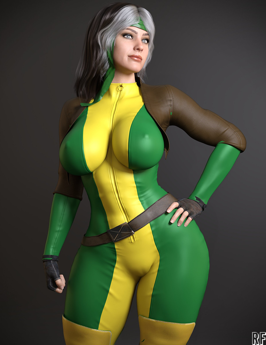 1girls 3d belt black_hair blue_eyes bodysuit clenched_fist clothed cocked_hip erect_nipples female female_only fingerless_gloves gloves hand_on_hip headband large_breasts long_hair marvel nipples_visible_through_clothing posing rogue_(x-men) rude_frog skin_tight solo superheroine thick thick_eyebrows thick_thighs two_tone_hair white_hair x-men