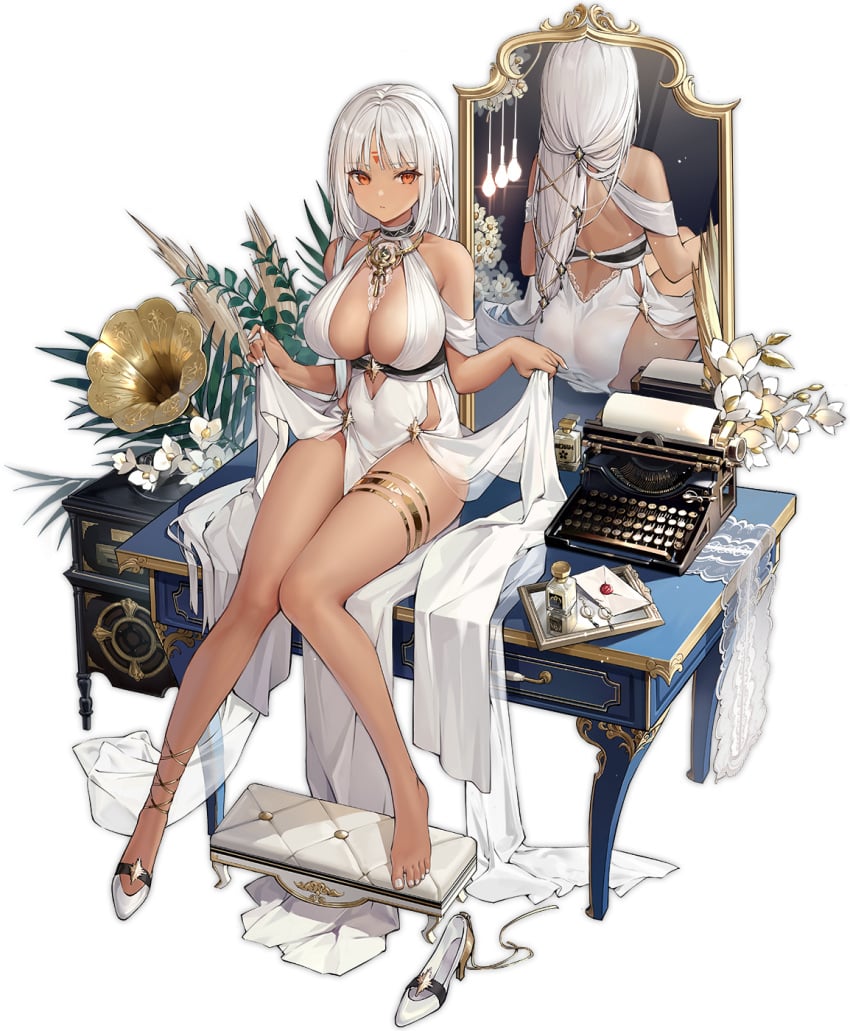 ass azur_lane backless_dress bare_shoulders barefoot black_background body_markings breasts center_opening cg choker cleavage closed_mouth clothes_lift cocktail_dress dark-skinned_female dark_skin dress envelope evening_gown facial_mark female flower forehead_mark full_body gold halter_dress halterneck high_heels jewelry large_breasts letter long_hair looking_at_viewer massachusetts_(azur_lane) massachusetts_(dressed_to_impress)_(azur_lane) mirror multiple_views official_alternate_costume official_art phonograph piano pointy_ears red_eyes reflection revealing_clothes shoes single_shoe sitting sleeveless sleeveless_dress solo thigh_strap thighlet thighs transparent_background unworn_shoes white_dress white_flower white_footwear white_hair white_nails