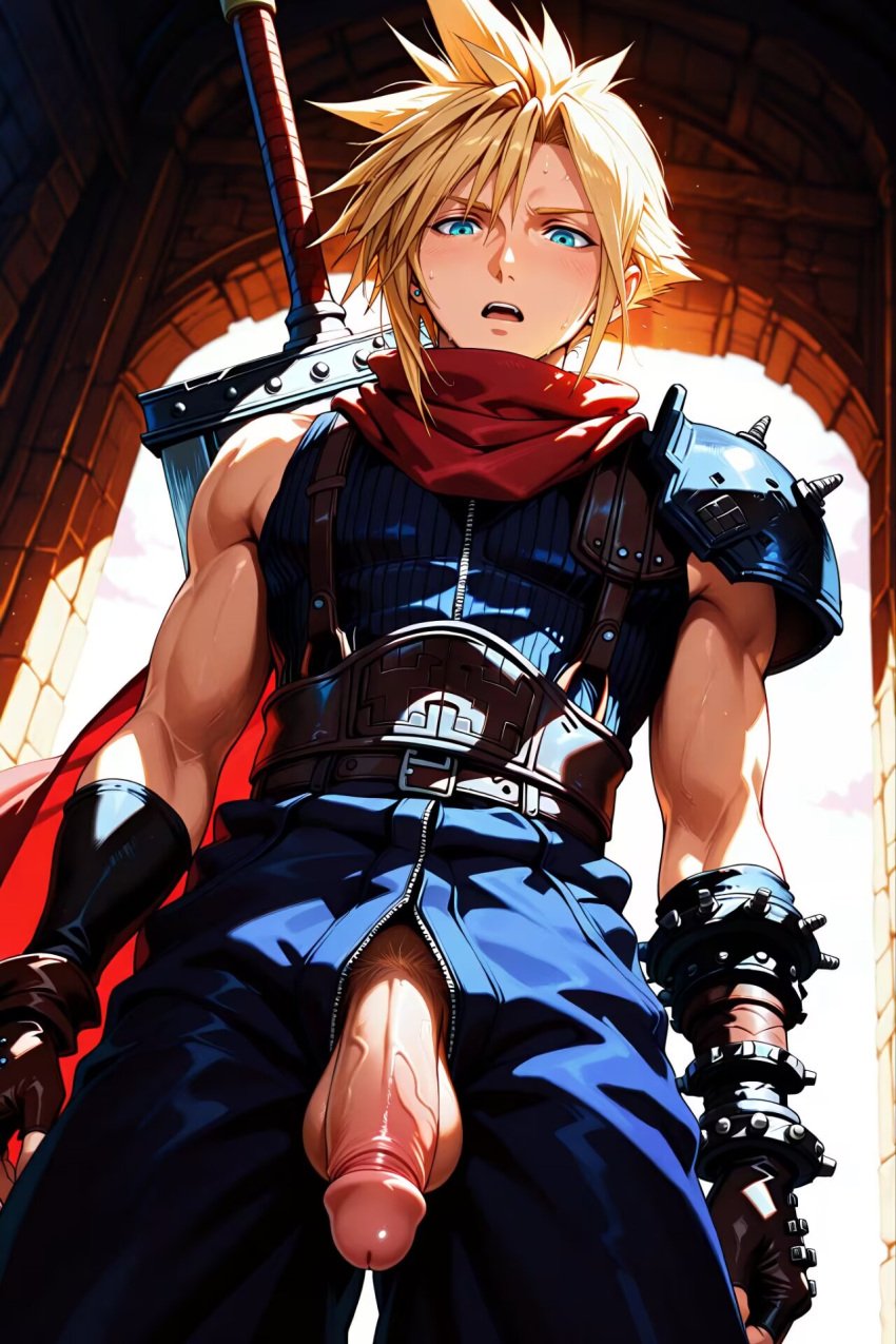 1boy ai_generated blonde_hair blue_eyes cloud_strife final_fantasy final_fantasy_vii male male_only muscular muscular_male penis solo white_skin