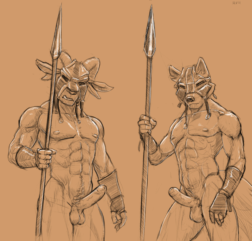 abs anthro armlet armor athletic balls biceps bovid canid canine canis caprine casual_nudity duo erection genitals goat growling headgear helmet looking_at_viewer male male/male mammal marsonaut melee_weapon muscular muscular_male nude pecs polearm spear straps visor warrior weapon wolf