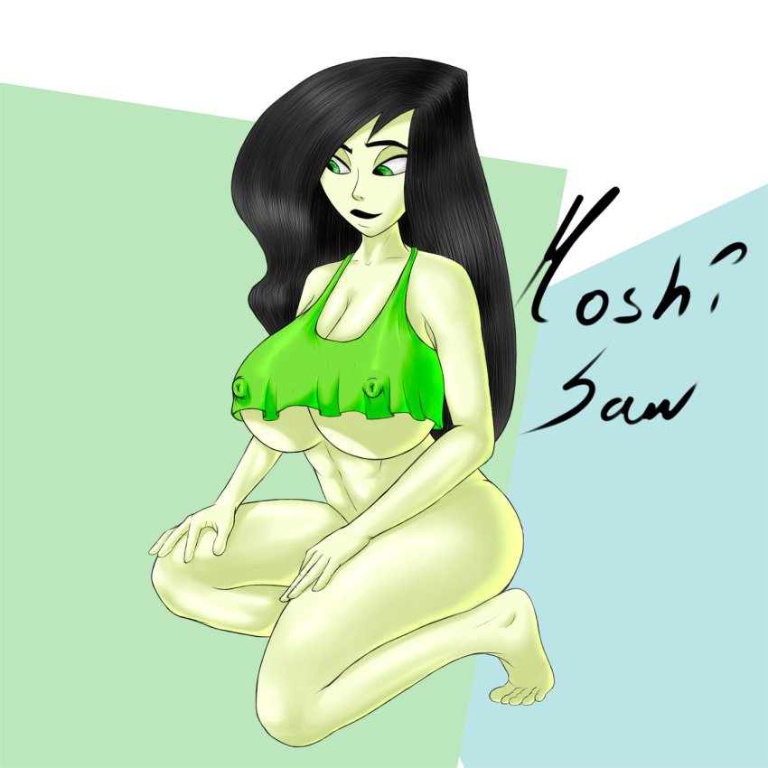 black_hair busty disney disney_channel erect_nipples female female_focus female_only green_eyes hourglass_figure kim_possible long_hair moshi_san nipple_bulge pale-skinned_female pale_skin pokies shego tagme underboob wide_hips