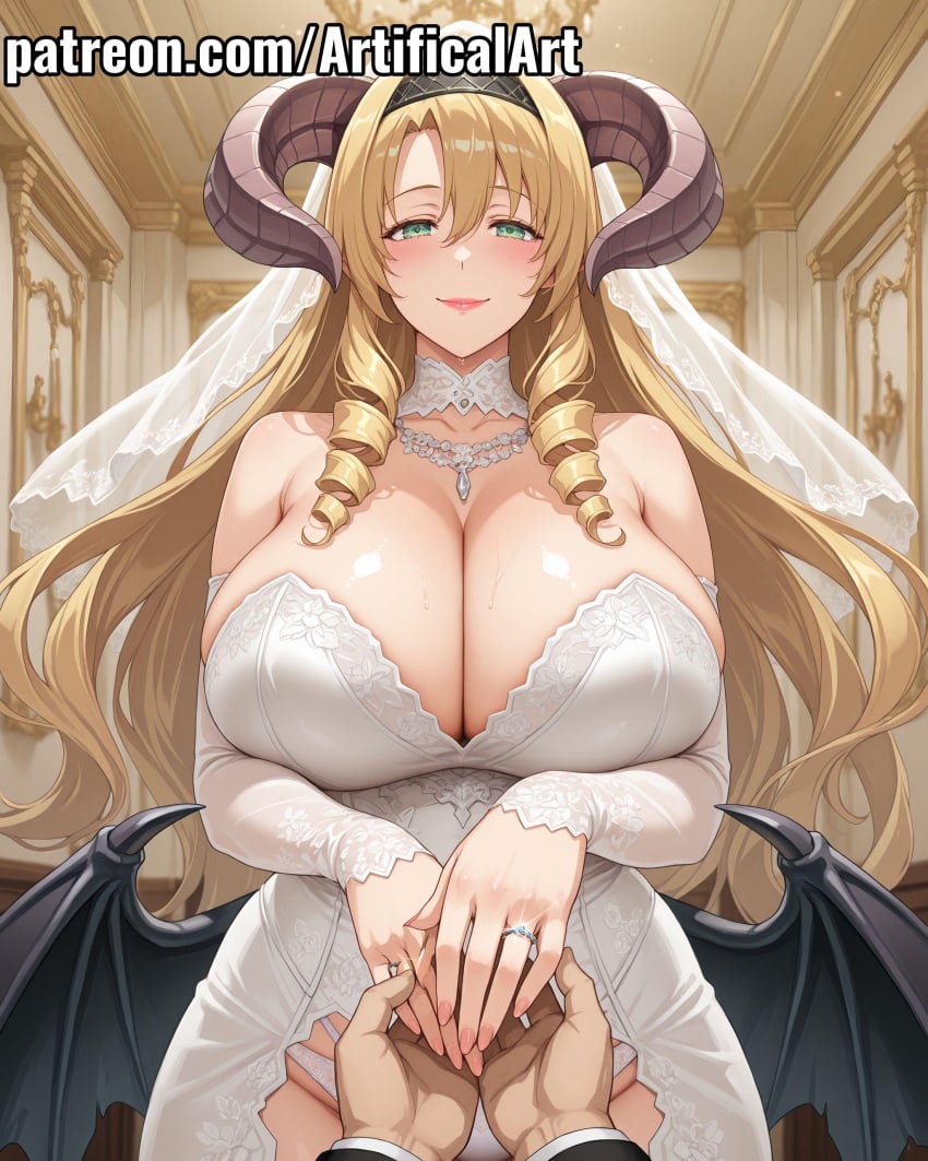 1girls ai_generated artifical_art black_panties blonde_hair bride demon_girl demon_horns demon_wings demoness drill_hair female green_eyes hair_ornament hairband horns huge_breasts light-skinned_female light_skin long_hair mammon_(nanatsu_no_taizai) mature_female milf mommy mother panties perfect_body red_lipstick sin_nanatsu_no_taizai string_panties wings