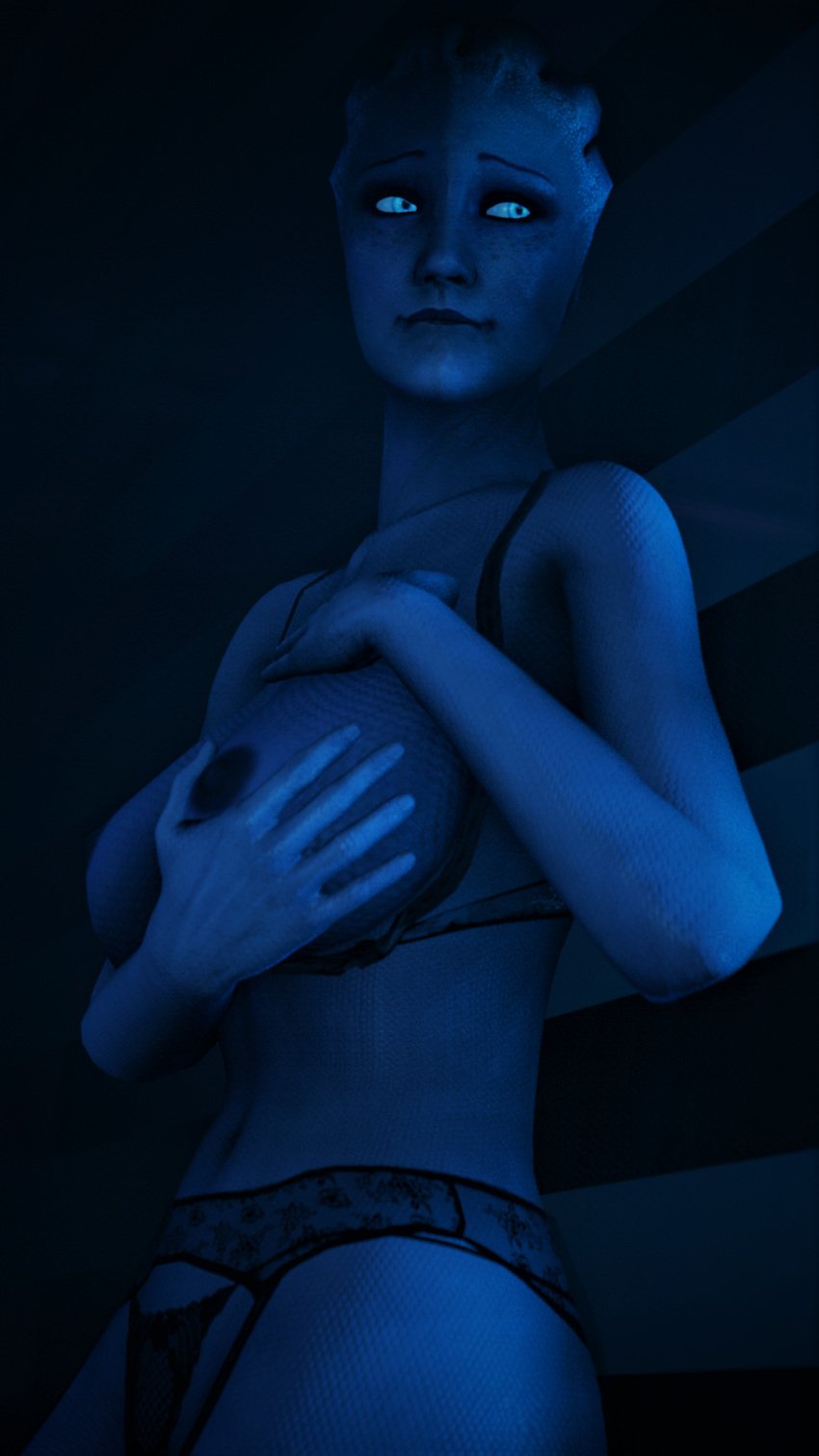 1girls 3d alien_girl asari biting_lip black_lingerie breast_grab breasts female female_only g-string garter_belt large_breasts liara_t'soni lingerie mass_effect poster sfm shelf_bra skeletron27 solo solo_female source_filmmaker