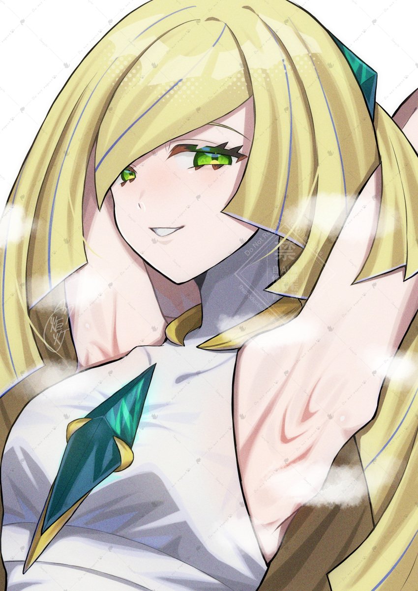 1girls absurdres armpits blonde_hair female green_eyes highres kotou192 long_hair looking_at_viewer lusamine_(pokemon) nintendo pokemon pokemon_sm smile solo steam swept_bangs white_background