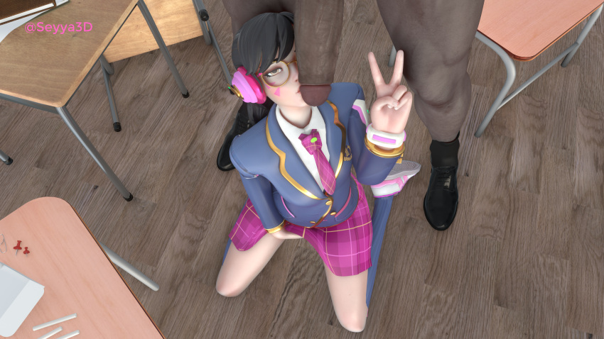 1boy 1girls 3d academy_d.va big_penis d.va dark-skinned_male dark_skin interracial overwatch peace_sign penis_on_face seyya v