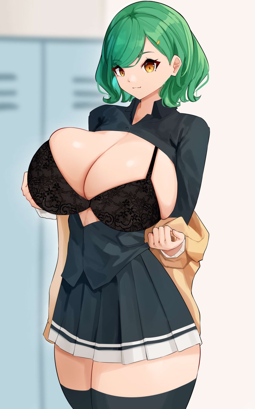 1girls alternate_breast_size big_breasts bra breasts cromwellb eye_contact female green_hair huge_breasts kitakoji_hisui kitakouji_hisui large_breasts looking_at_viewer nijisanji solo standing undressing virtual_youtuber youtuber