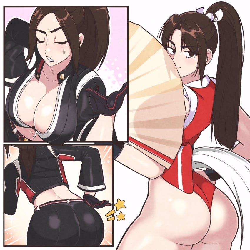 1girls absurdres ass black_gloves black_pants breasts brown_eyes brown_hair cleavage commentary fatal_fury fatal_fury:_city_of_the_wolves female gloves hair_ribbon hand_fan hand_on_own_ass highres holding holding_fan jeffmiga king_of_fighters large_breasts long_hair looking_at_viewer mai_shiranui mai_shiranui_(city_of_the_wolves) multiple_views open_mouth pants parted_bangs ponytail ribbon shiny_skin star_(symbol) sweatdrop white_ribbon