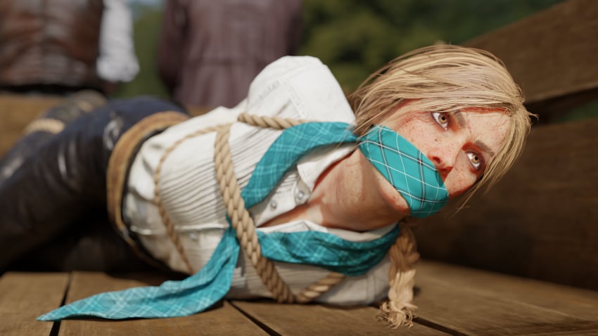 3d blonde_hair bondage bound bound_arms cowgirl femsub gag gagged hogtie kidnapped leather_pants looking_at_viewer lying lying_on_side mouth_gag over_the_mouth_gag rdr2 red_dead_redemption_(series) red_dead_redemption_2 rindekey rockstar_games rope rope_bondage sadie_adler wild_west