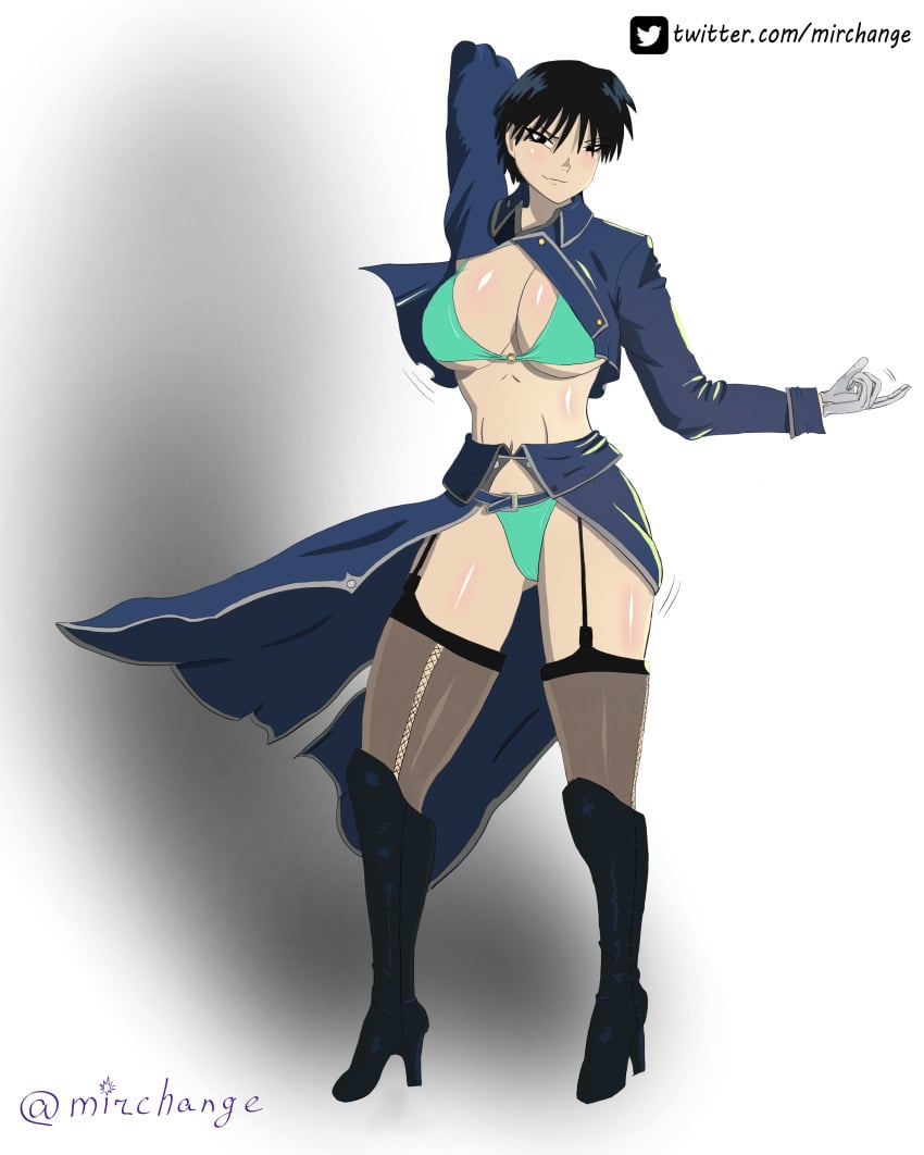 1girls bangs big_breasts black_hair blush bra breasts cleavage clothing fanart female female_focus female_only fullmetal_alchemist gender_bender hands_up looking_at_viewer manga mirchange roy_mustang rule_63 small_waist thick_thighs thighs tsf waist