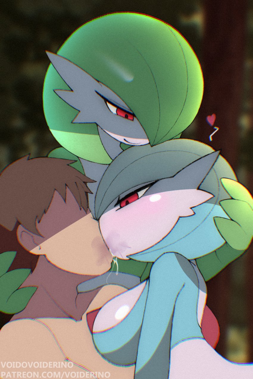 1boy 2girls breasts gardevoir kissing pokemon pokephilia voider_(artist)