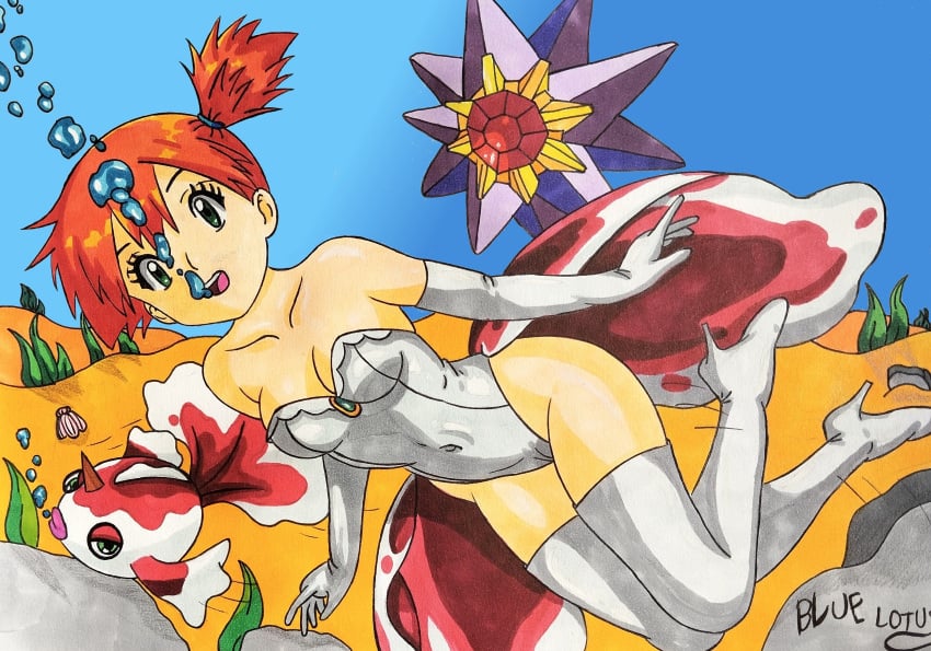 1girls anime blue-lotus breath_holding cosplay drowning fanart female goldeen goldeen_(cosplay) heels kasumi_(pokemon) kidnapped leotard manga nintendo pokegirl pokemon pokemon_trainer starmie swimming thighhigh_boots traditional_art underwater video_game_fan_art water_torture