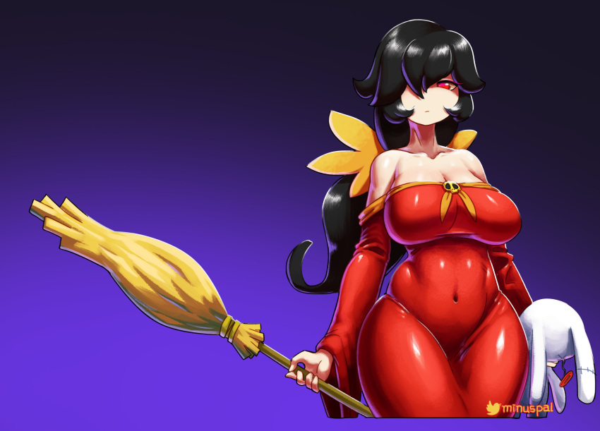 1girls 2021 absurd_res aged_up alternate_breast_size artist_name ashley_(warioware) bare_shoulders black_hair bow breasts broom button_eyes cleavage clothing covered_navel dress expressionless female female_only gradient_background hair_over_one_eye hair_ribbon highres holding_broom holding_stuffed_animal jewelry large_breasts long_hair long_ponytail looking_at_viewer low_ponytail mario_(series) minus8 nintendo ponytail purple_background red_dress red_eyes ribbon signature simple_background skull solo standing strapless strapless_dress stuffed_animal stuffed_bunny thick_thighs thighs tied_hair tight_clothing tight_dress twitter_username wario_(series) warioware watermark wide_hips witch