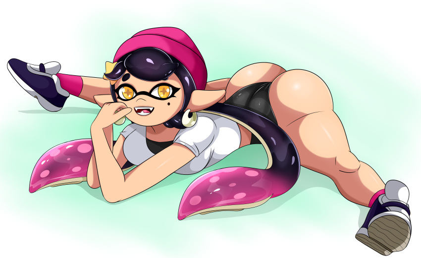 16:9 1girls agent_1_(splatoon) ass athletic athletic_female beanie big_ass big_breasts black_bra black_hair black_shorts bra breasts bubble_butt callie_(splatoon) clothed clothing digital_media_(artwork) earrings fangs female female_only hi_res inkling large_breasts legs_spread light-skinned_female light_skin long_ears long_hair looking_at_viewer lying lying_on_stomach mole mole_under_eye nintendo open_mouth open_smile pink_socks pointy_ears presenting presenting_ass shiny_skin shirt shoes shorts simple_background sneakers socks solo sonson-sensei splatoon splatoon_2:_octo_canyon splits star-shaped_pupils star_hair_ornament t-shirt teeth tentacle_hair thick_thighs thighs tongue unusual_pupils white_background white_shirt wide_eyed yellow_eyes