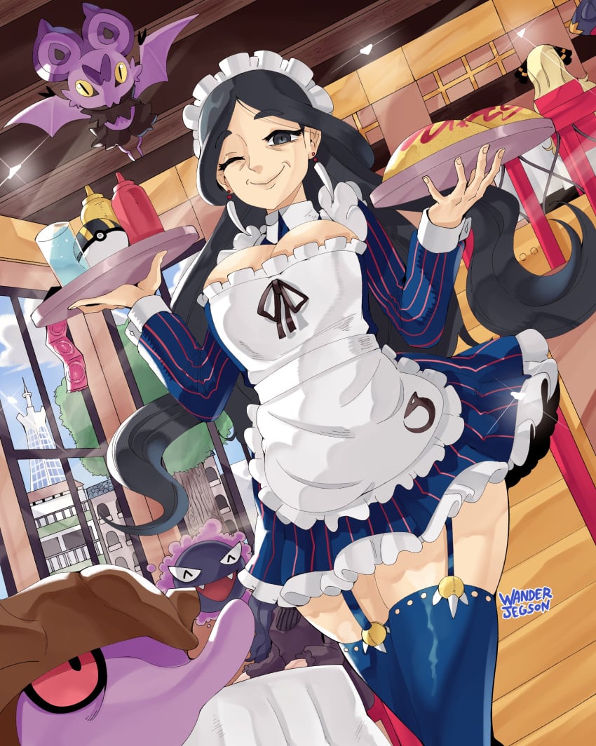 ^_^ absurdres alternate_costume apron bat_(animal) black_eyes black_fur black_hair blue_dress blue_thighhighs body_fur breasts building cafe cameo cleavage cleavage_cutout closed_eyes clothing_cutout condom condom_packet_strip condom_wrapper cowboy_shot cup cynthia_(pokemon) drasna_(pokemon) dress drink dutch_angle earrings enmaided eyelashes fangs female food frilled_apron frilled_dress frilled_hairband frills from_inside garchomp garter_straps gastly gen_1_pokemon gen_4_pokemon gen_6_pokemon glint hairband hands_up hex_maniac_(pokemon) highres holding holding_tray indoors jewelry ketchup_bottle large_breasts long_sleeves looking_at_viewer lumiose_city maid maid_apron maid_cafe maid_headdress mature_female mustard_bottle nintendo noibat omelet omurice one_eye_closed open_mouth pinstripe_dress pinstripe_pattern poke_ball pokemon pokemon_(creature) pokemon_xy prism_tower purple_fur red_stripes short_dress skrelp smile solo_focus sparkle thighhighs tooth_earrings tower tray tree ultra_ball unusually_open_eyes waitress wanderjegson water window wrinkled_skin