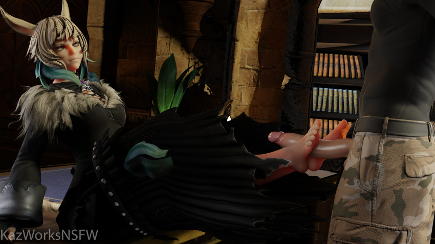 1boy 1girls 3d 3d_(artwork) 3d_background 3d_model 3d_render 8k clothed feet feet_focus feet_on_penis feet_together feet_up female final_fantasy final_fantasy_xiv foot_fetish foot_focus foot_worship footjob hi_res highres kazworksnsfw male miqo&#039;te penis square_enix y&#039;shtola