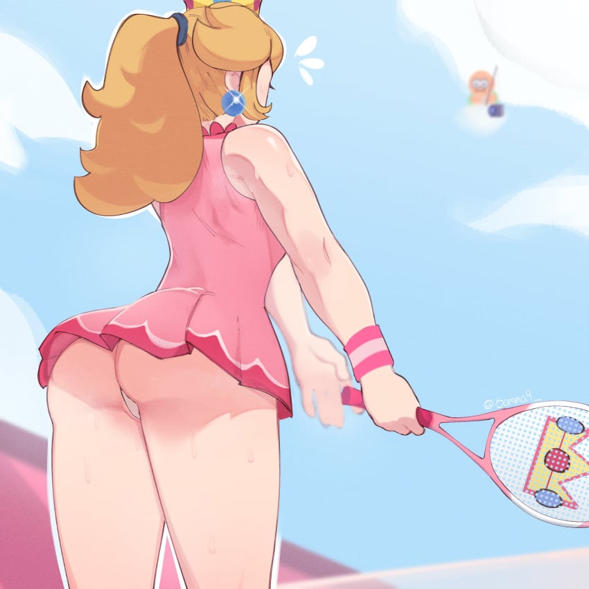 1girls back back_view clothed clothing female female_only fully_clothed human lakitu light_skin mario_(series) mario_tennis nintendo pale_skin princess_peach samma9 solo source_request standing tagme tennis tennis_uniform