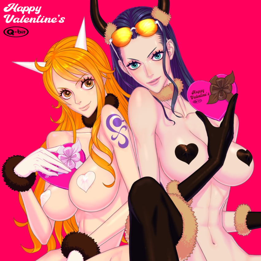 2girls abs beast_pirates beast_pirates_(cosplay) big_breasts black_hair blue_eyes brown_eyes curvy female female_only fur_bracelet fur_collar gift gloves hair_ornament horns long_hair looking_at_viewer multiple_girls nami nico_robin nude one_piece orange_hair pasties post-timeskip q-bit sunglasses_on_head valentine's_day