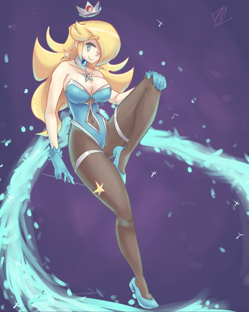 1girls 2021 artist_signature autogrinder bare_shoulders big_breasts blonde_hair blue_eyes breasts choker clothed crown earrings female female_only gloves hair_over_one_eye heels image long_hair magic magical_girl mario_(series) nintendo pantyhose princess princess_rosalina queen smile solo space star_earrings super_mario_galaxy wand