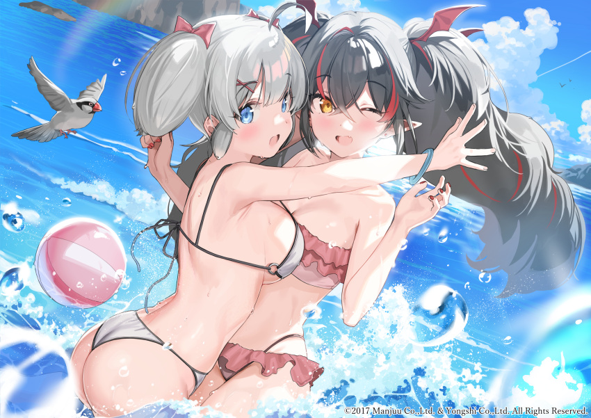 2girls ahoge alternative_costume azur_lane bangs beach bikini bird black_hair blue_eyes blush breasts bubble_butt cleavage clothing eyebrows_visible_through_hair female hair_ornament high_resolution huge_ass iron_blood_(azur_lane) kanzarin_(hoochikiss) large_ass large_breasts light-skinned_female light_skin long_hair looking_at_viewer micro_bikini multicolored_hair multiple_girls official_art open_mouth pointed_ears short_hair sideboob silver_hair swimsuit tied_hair twintails two-tone_hair white_hair yellow_eyes z24_(azur_lane) z28_(azur_lane)