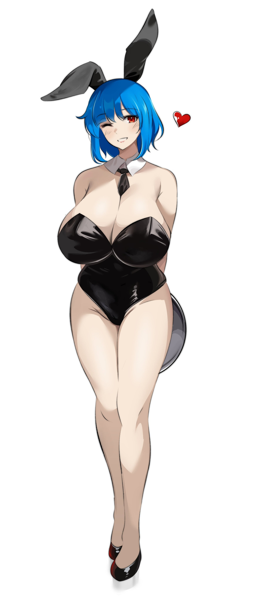 <3 2021 azmiyudista bare_legs big_breasts blue_hair bunny_ears bunnysuit cleavage female huge_breasts red_eyes rina_atherina_(errorkazoo) short_hair tagme thick thick_thighs wink