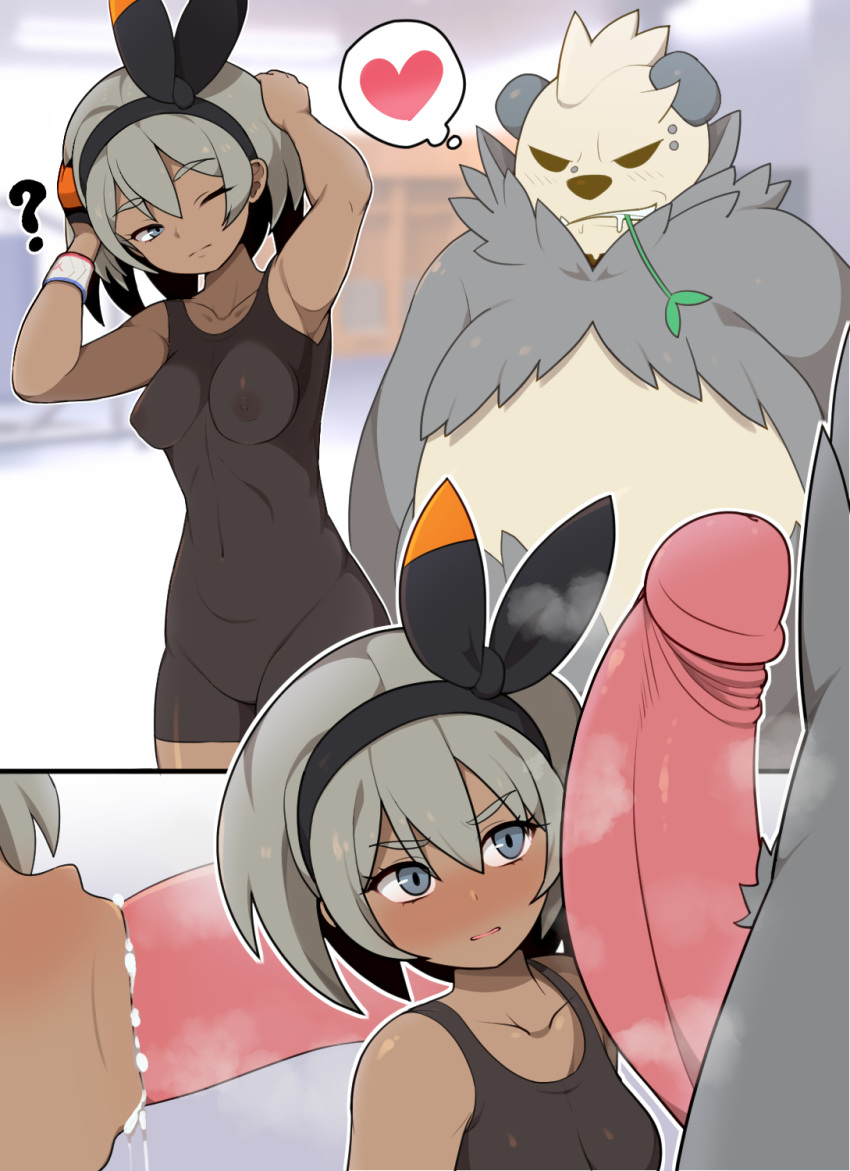 1boy 1girls animal_genitalia animal_penis bea_(pokemon) big_penis blowjob blush everyday2 fellatio female female_human femsub grey_eyes grey_hair hair_ribbon huge_cock human interspecies large_penis leotard male male/female male_pangoro male_pokemon male_pokemon/female_human maledom nintendo oral pangoro penis pokemon pokemon_ss pokemon_xy pokephilia rape short_hair spoken_heart uncensored